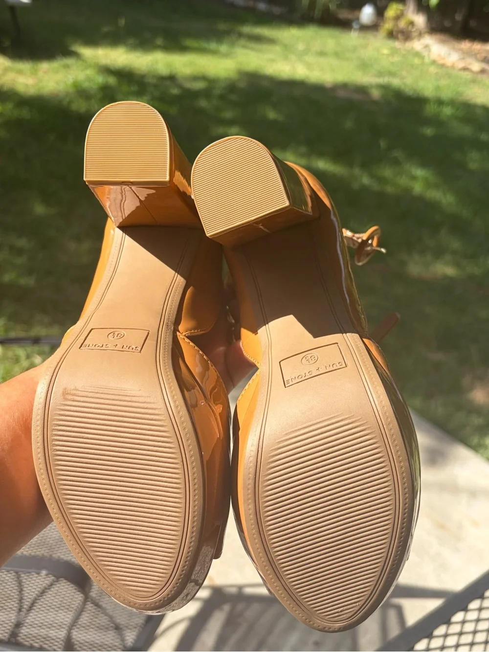 Sun + Stone Women's Caramel Patent Platform Block Heels
